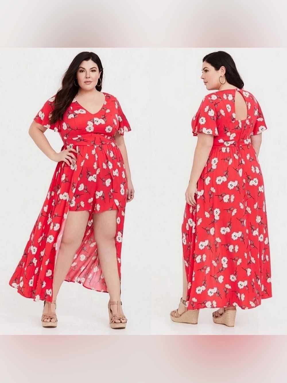 Torrid Size 16 Bright Red Floral Challis Walk Through Romper Colorful Bohemian